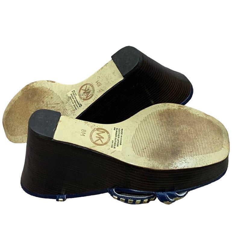 Michael Kors Size 8M Navy Blue Leather Gold Studs Strappy Wedge Heel Sandals