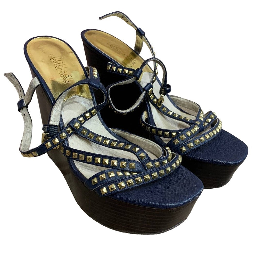 Michael Kors Size 8M Navy Blue Leather Gold Studs Strappy Wedge Heel Sandals