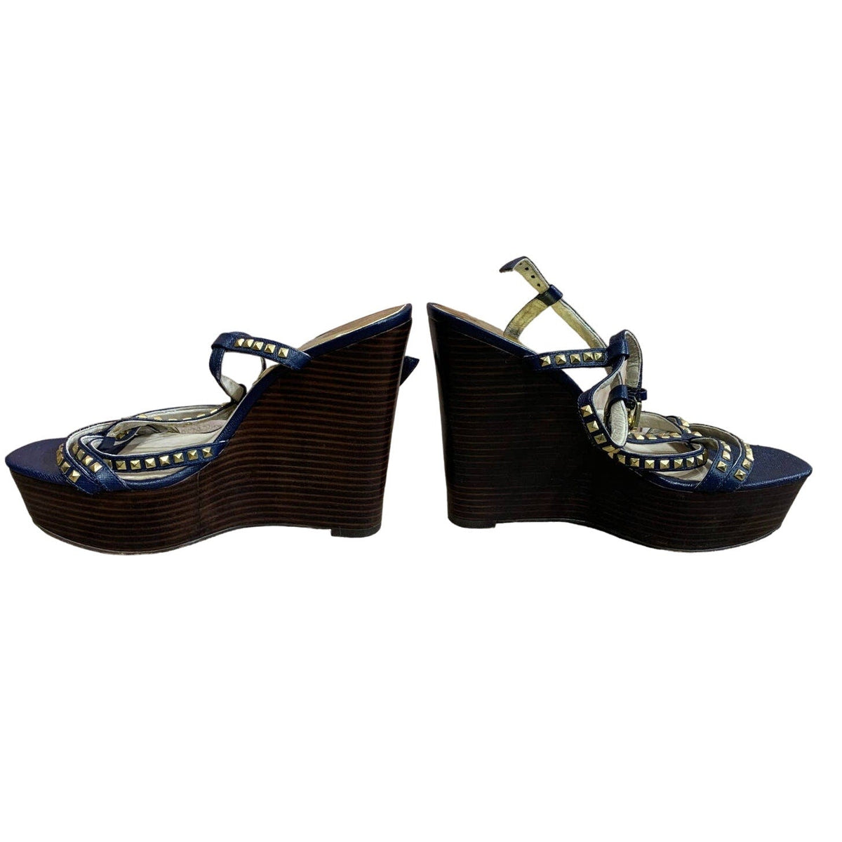 Michael Kors Size 8M Navy Blue Leather Gold Studs Strappy Wedge Heel Sandals